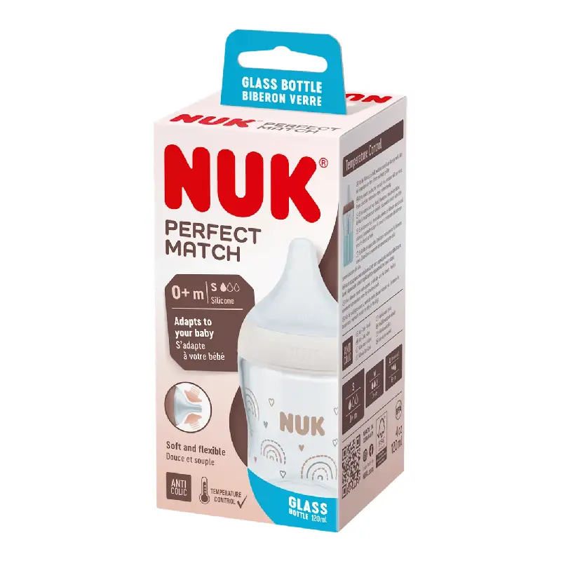 NUK Glass bottle Perfect Match, S, + 0 months, Rainbow, 120 ml
