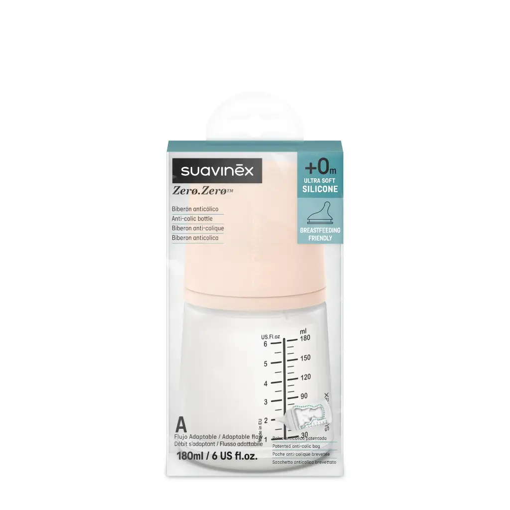 Suavinex, Zero Zero Anti-Colic Bottle with Special Breastfeeding Nipple (A), for Babies + 0 Months,Breast Imitating Teat 180 ml