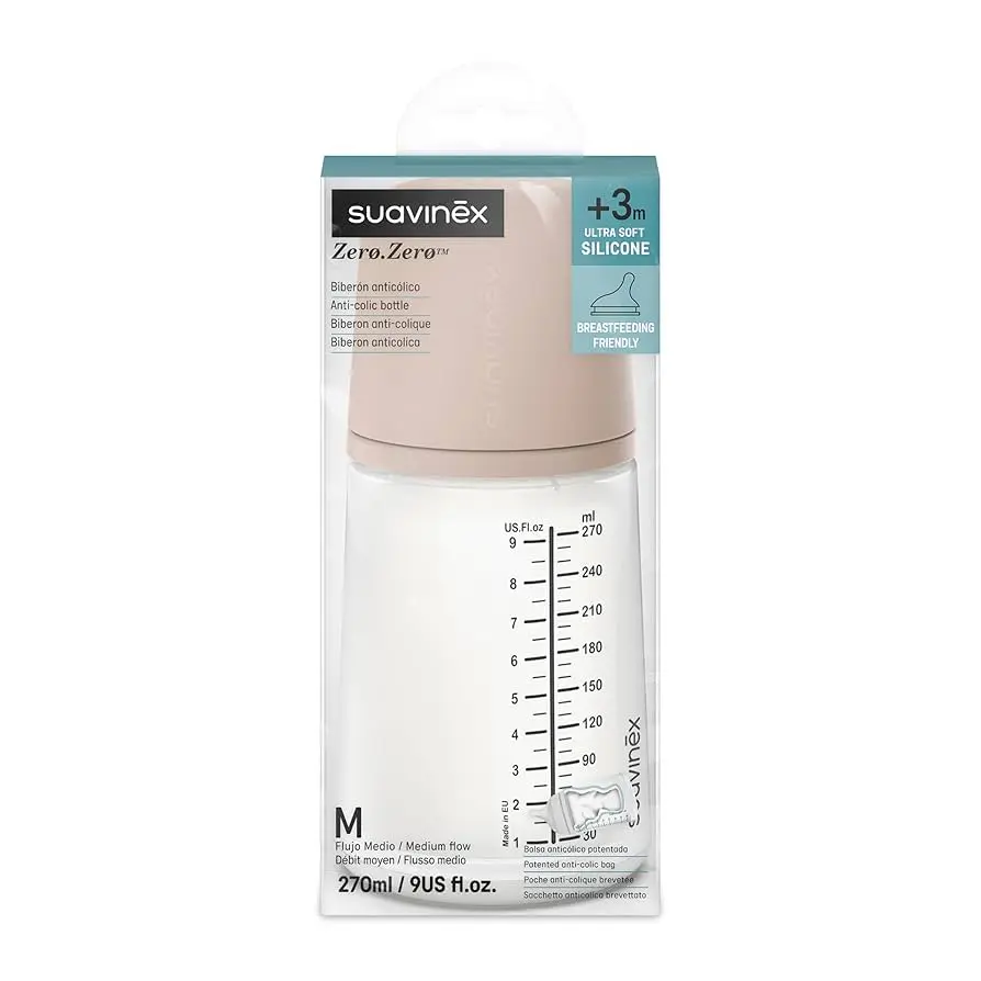 Suavinex, Zero Zero Zero Anti-Colic Baby Bottle with Medium Silicone Teat (M), for Babies from 3 Months, 270 ml, Medium
