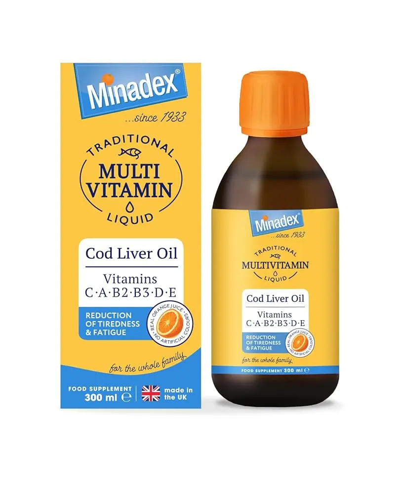 Minadex Multivitamin Liquid 300 ml – Cod Liver Oil + Vitamin C, A, B2, B3, D & E Natural Orange Flavour | 2-Month Supply