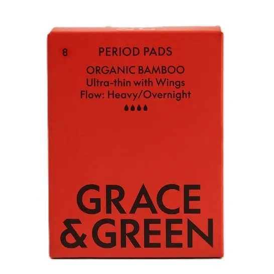 Grace & Green Organic Bamboo Pads | Ultra Thin with Wings - Heavy/Night  8 pack
