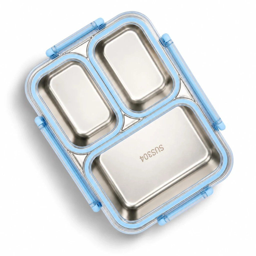 NAVA Rectangular stainless steel food container Bento ''We Care'', blue 800ml