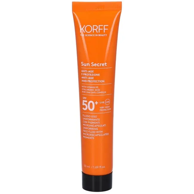 Korff Sun Secret - Fluido Viso Uniformante Anti Age SPF50+ Colorato Dark, 50ml