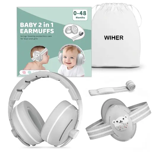 Wiher Baby Ear Muffs, 2-in-1 Baby Headphones for Noise Protection, for Children 0-48 Months, Dual Wearing for Sleep, Plane, Outdoor Travel, Gray