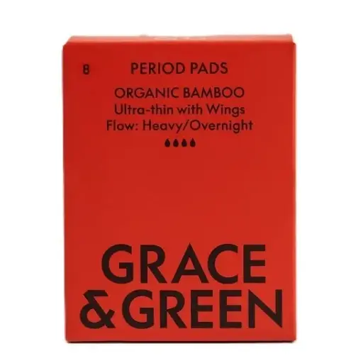 Grace & Green Organic Bamboo Pads | Ultra Thin with Wings - Heavy/Night  8 pack